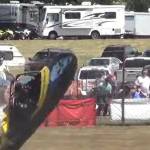 ASBR/YouTube The Jeepers Creepers sprint boat driven by Dillion Cummings with Teri Cummings, both of Sequim, crashes out during a qualifying run Saturday. The crash caused injuries to the crew and delayed the race for 30 minutes as medical officials treated the driver and navigator.