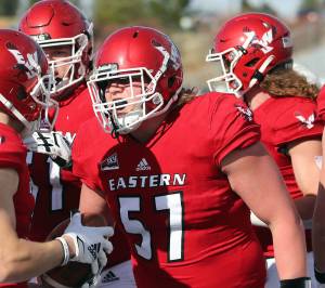 Eastern Washington Athletics
Forks Luke Dahlgren (57), gets pumped up with a teammate before an Eastern Washington football game. Dahlgren has been named one of four team captains by team coaches ahead of his redshirt senior season.
