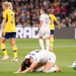 United States' Alex Morgan reacts after a missed shot at goal during the Women's World Cup round of 16 soccer match between Sweden and the United States in Melbourne, Australia, Sunday, Aug. 6, 2023. (AP Photo/Scott Barbour)