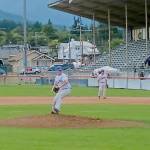 Port Angeles starter Colby Scheuber pitches in the first inning Sunday at Civic Field in Port Angeles against the Bellingham Bells. (Pierre LaBossiere/Peninsula Daily News)