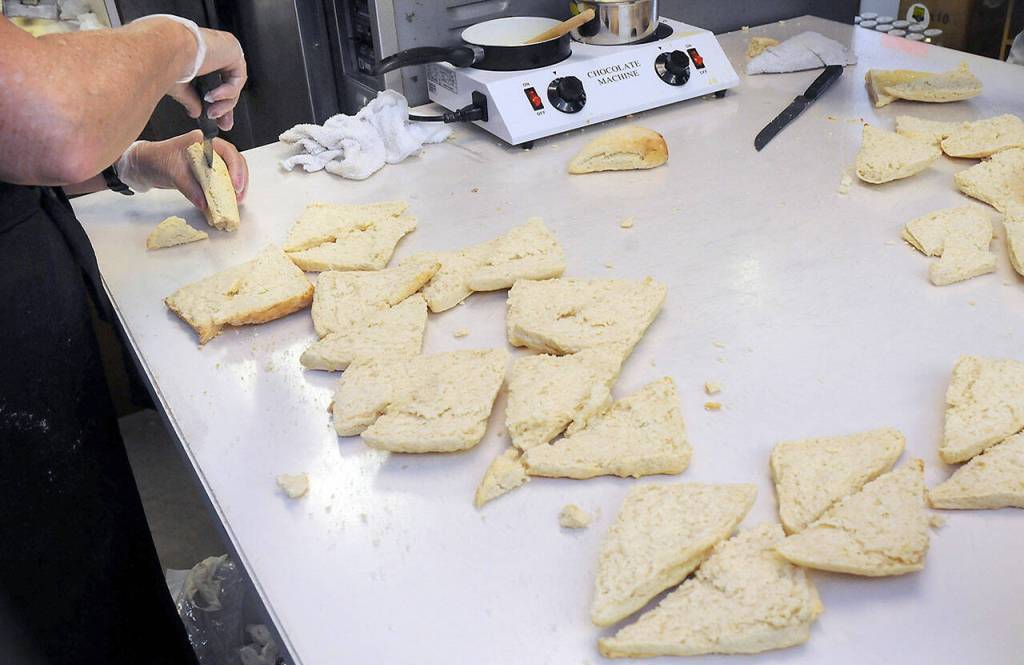 Sliced scones await application of butter and jam on Wednesday at the Clallam County Fair. (Keith Thorpe/Peninsula Daily News)
