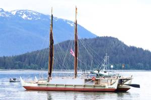 The Hōkūlea arrives in Auke Bay on June 11, when it was welcomed by hundreds of Juneau residents and tribal leaders. The wind-powered traditional Polynesian voyaging canoe began a scheduled 47-month global voyage. (Clarise Larson/Juneau Empire)
