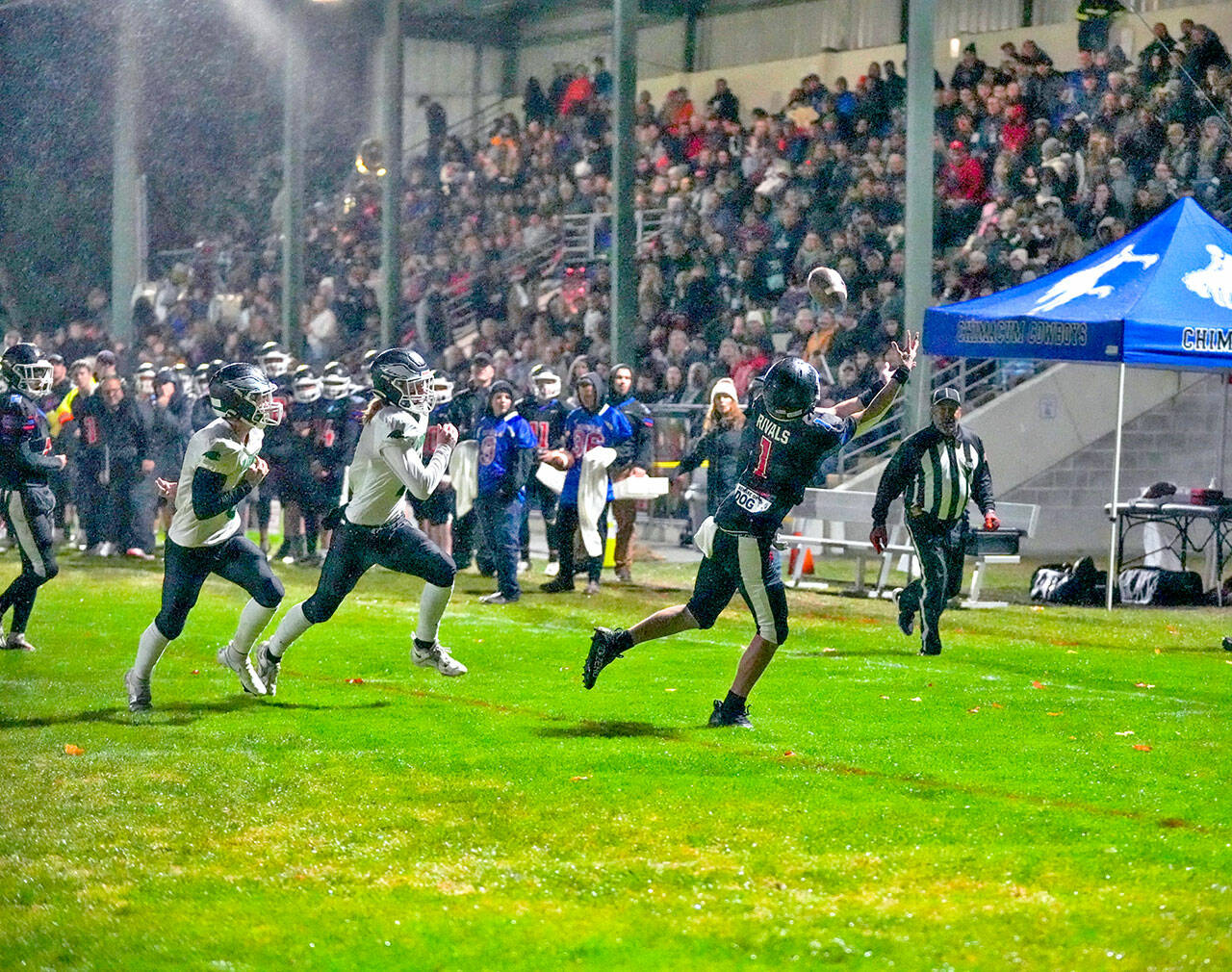 Steve Mullensky/for Peninsula Daily News East Jeffersons Gary Zambor makes the catch at the 3-yard line during an October 2022 win over Klahowya. Zambor will be counted on once again to be a playmaker for the Rivals on both sides of the football.