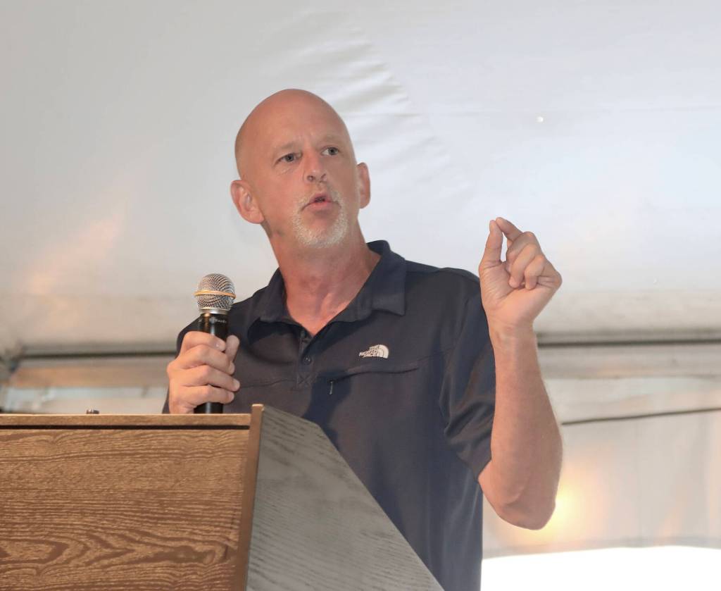 Photos by Dave Logan/for Peninsula Daily News
Larry Beatty, left, a track and field star for Port Angeles from 1982 and Alison Maxwell, also a track runner from 2001, were among the 2023 class of the Port Angeles Roughriders Hall of Fame inducted at Civic Field on Saturday night.