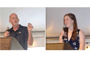 Larry Beatty, left, a track and field star for Port Angeles from 1982 and Alison Maxwell, also a track runner from 2001, were among the 2023 class of the Port Angeles Roughriders Hall of Fame. (Photos by Dave Logan/for Peninsula Daily News)
