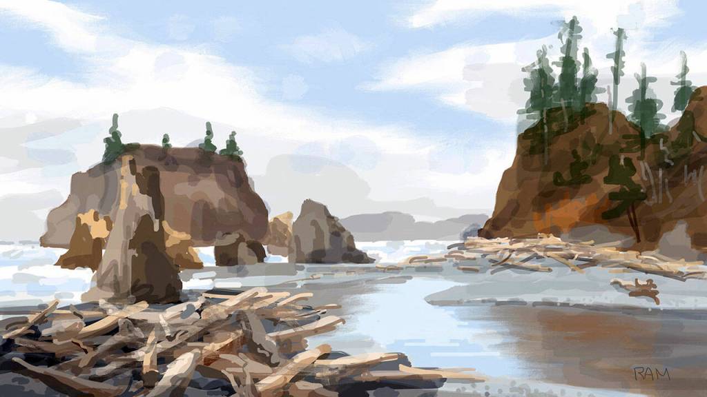 Ruby Beach High Tide by Sequim artist Roger Morris appears in Weather or Not, the plein air art show opening Friday at Jeanette Best Gallery in Port Townsend.