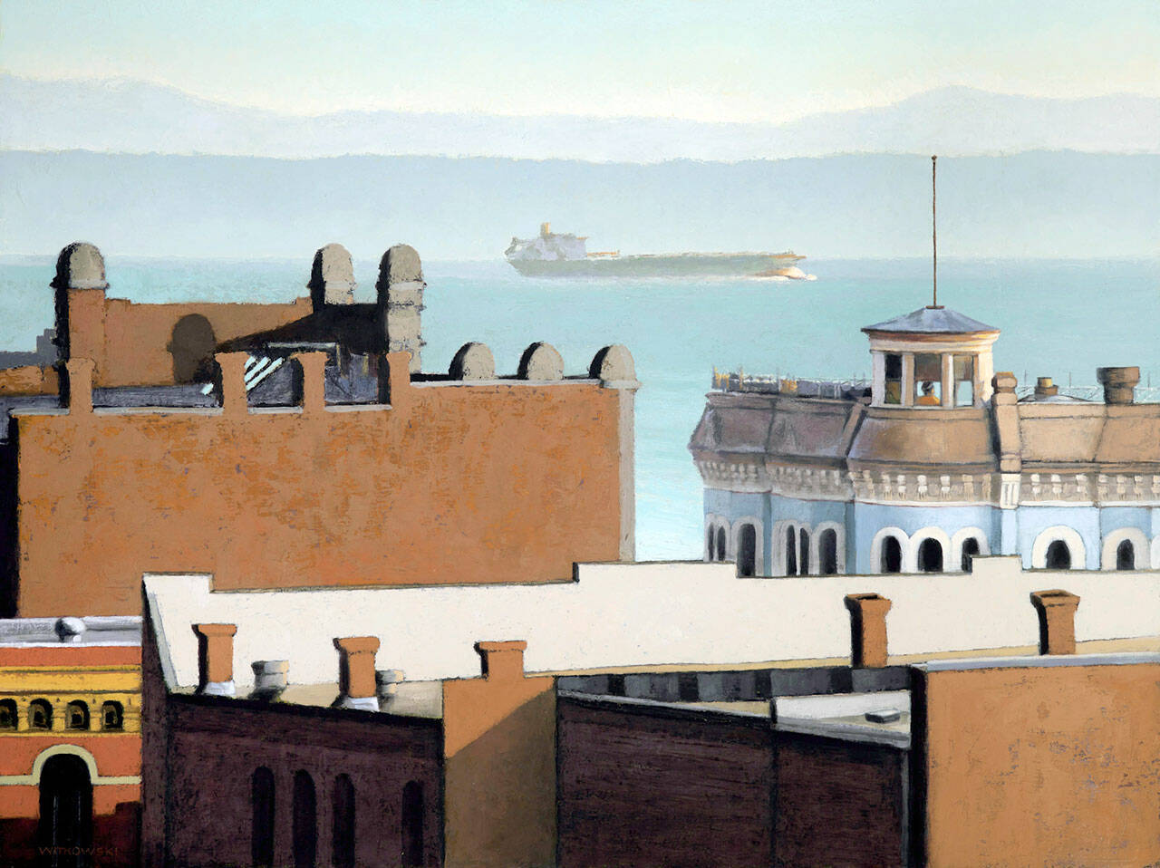 Painter Chris Witkowskis Port Townsend Rooftops is one of 45 new artworks installed at Jefferson Healthcare hospital. (image courtesy Northwind Art)