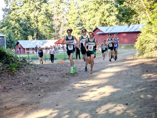 Port Angeles runners Easton Dempsey, Jayden Mclarty, Sam Hayes, Andre Campbell and Lukas Teague are grouped in a tight pack while running at the Olympic League jamboree on Wednesday at Kitsap County Fairgrounds. (Rodger Johnson/Port Angeles Cross Country)