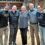 At the London Symphony Orchestras home venue in England, an international team of musicians recorded the Port Angeles Symphonys Concerto for Double Bass and Orchestra: from left, producer Fernando Aria of Spain; Port Angeles Symphony conductor Jonathan Pasternack; composer Sarah L. Bassingthwaighte; double bassist Steve Schermer and the producers partner, Ines Aria. (Port Angeles Symphony)
