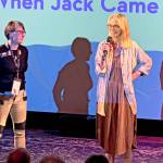 Actress Lindsey Wagner, right, with Port Townsend Film Festival Program Director Christy Spencer, stands on stage at Key City Public Theater in Port Townsend on Saturday to introduce the film, When Jack Came Back, one of the entrants in the 2023 film festival that stars Wagner as a mother in the grip of Alzheimers Disease. (Steve Mullensky/for Peninsula Daily News)