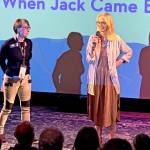 Actress Lindsey Wagner, right, with Port Townsend Film Festival Program Director Christy Spencer, stands on stage at Key City Public Theater in Port Townsend on Saturday to introduce the film, When Jack Came Back, one of the entrants in the 2023 film festival that stars Wagner as a mother in the grip of Alzheimers Disease. (Steve Mullensky/for Peninsula Daily News)