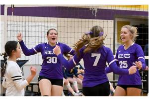 From left, Tiffany Lam, Brianna Palenik, Sydney Clark and Jolene Vaara celebrate winning a point against Bainbridge on Tuesday night. (Michael Dashiell/Olympic Peninsula News Group)