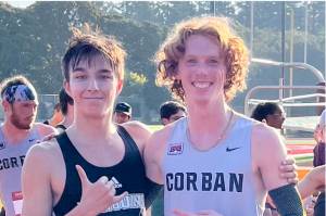 Max Baeder, left, of Clark College and Jack Gladfelter of Corban University competed against each at the 2023 Charles Bowles College Cross Country meet this weekend in Salem, Ore. They are both former Port Angeles Roughriders teammates. (Joe Gladfelter)