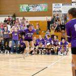 Sequim volleyball players from left, Tiffany Lam, Kassi Montero, Rose Gibson and Brianna Palenik, celebrate a set victory over Kingston during the Wolves 3-1 win over the Buccaneers. (Michael Dashiell/Olympic Peninsula News Group)