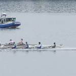 From left in the Olympic Peninsula Rowing Associations boat 254 are Cooper Disque, Teig Carlson, Mason Mai and Quince Chanway as they reach the finish line at Pocock Rowing Center. (Olympic Peninsula Rowing Assocation)