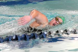 Port Angeles' Amayah Nelson competes in the 500-yard freestyle during Wednesday's meet against East Jefferson at Shore Aquatic Center in Port Angeles. (Keith Thorpe/Peninsula Daily News)