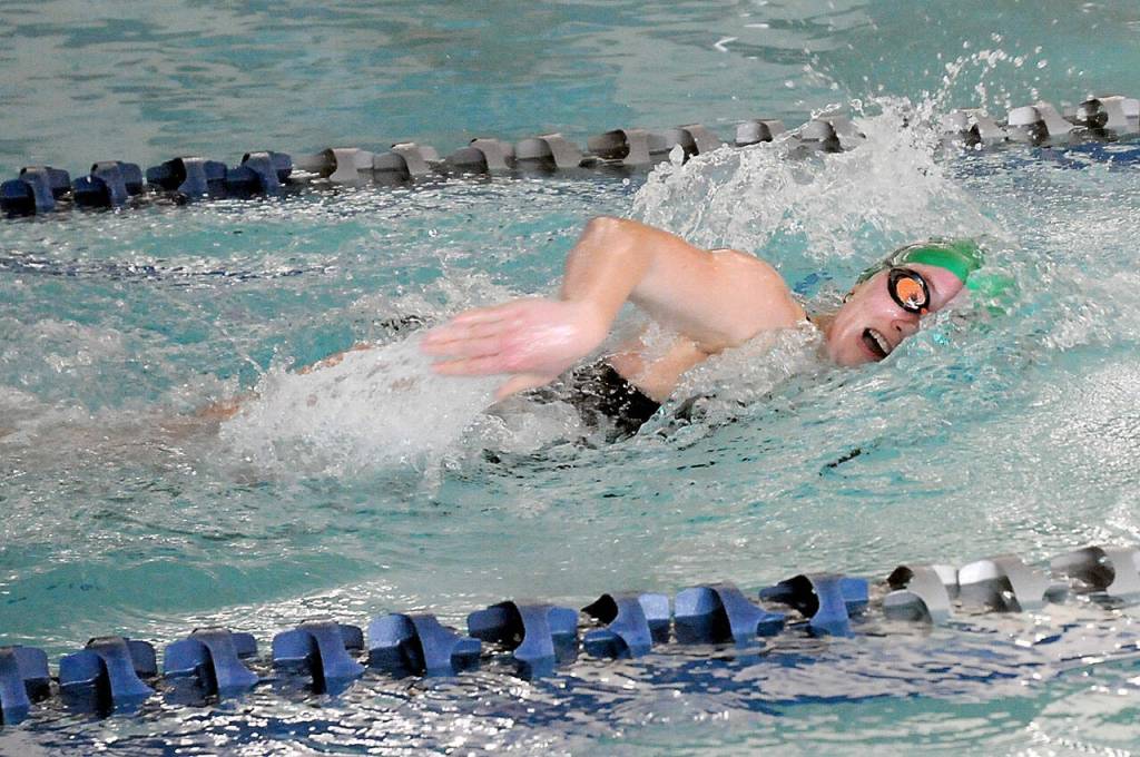 Port Angeles' Harper McGuire swims in the 200-yard freestyle event during Wednesday's meet against East Jefferson in Port Angeles. (Keith Thorpe/Peninsula Daily News)