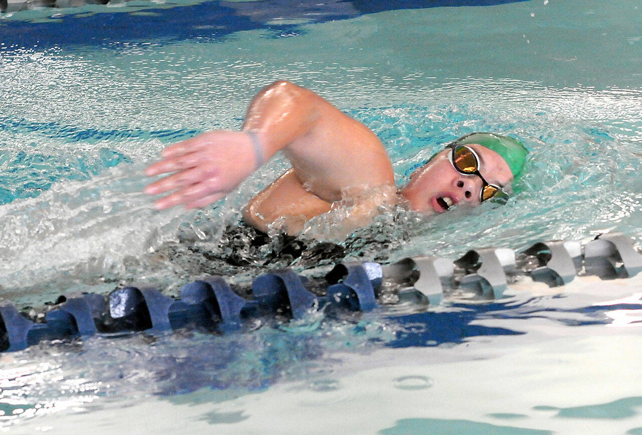 Port Angeles Amayah Nelson competes in the 500-yard freestyle during Wednesdays meet against East Jefferson at Shore Aquatic Center in Port Angeles. (Keith Thorpe/Peninsula Daily News)