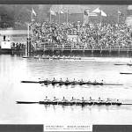 The American eight-man crew (foreground) edges Italy (center) by eight feet, securing the USAs gold medal in the 1936 Olympic Games. (Photo courtesy of Joe Rantz/Judy Willman)