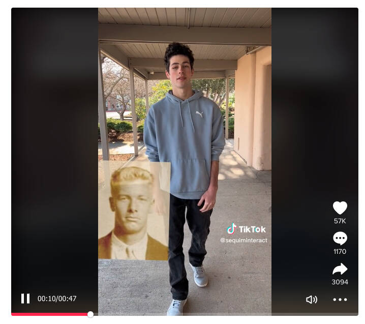 Sequim High School student Ayden Humphries presents a video asking producers of The Boys in the Boat to premier their film at SHS for a fundraiser to help local homeless youths. (Image from Sequim Interact TikTok video)