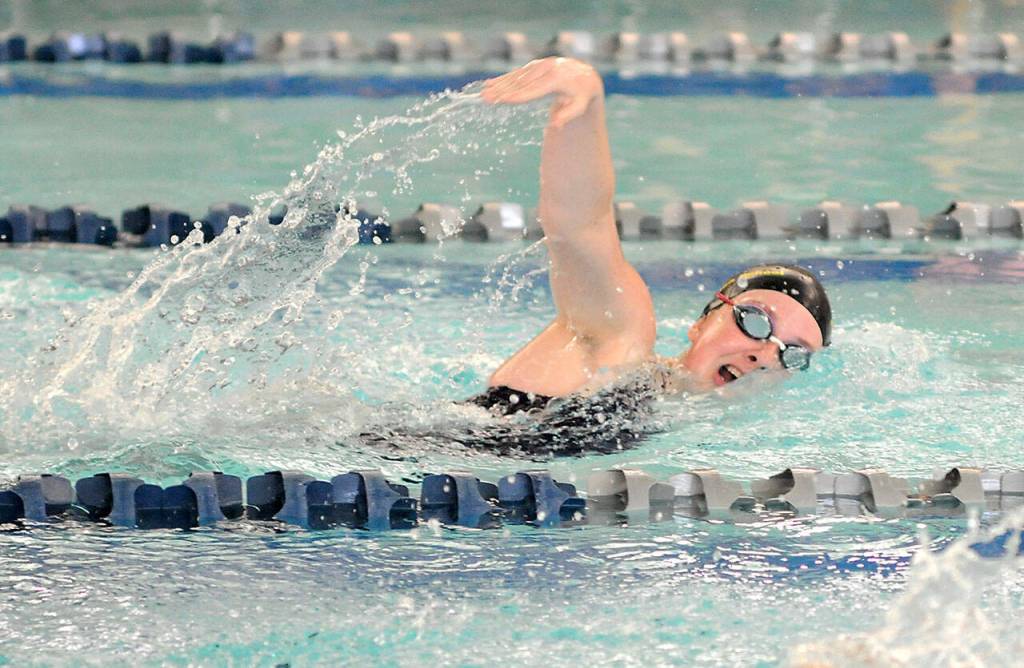 Natalie Eross of Sequim competes in the 200-yard freestyle event during Wednesdays Olympic League Divisionals at Shore Aquatic Center in Port Angeles. (Keith Thorpe/Peninsula Daily News)