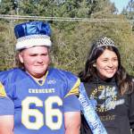 King Wyatt Owens, a lineman for the Crescent High School football team, left, and Queen Ciara Cargo were named homecoming royalty at halftime of the Loggers game against Darrington on Saturday. Both are seniors at the school. (Dave Logan/for Peninsula Daily News)