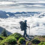 John Gussman admires the High Divide view in one of the photographs in Salmon, Cedar, Rock & Rain, the new book about the Olympic Peninsula. Gussman credits his wife, Cath Hickey, for this photo.