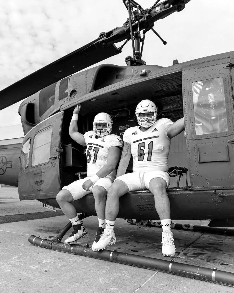 Eastern Washington Football
Forks' Luke Dahlgren, left, and offensive line teammate Wyatt Hansen are featured in the Eastern Washington football program's uniform reveal ahead of today's "White Out" home game against Cal Poly. The pair are pictured in a helicopter at Spokane's Fairchild Air Force Base.