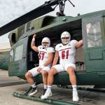 Eastern Washington Football
Forks Luke Dahlgren, left, and offensive line teammate Wyatt Hansen are featured in the Eastern Washington football programs uniform reveal ahead of todays White Out home game against Cal Poly. The pair are pictured in a helicopter at Spokanes Fairchild Air Force Base.