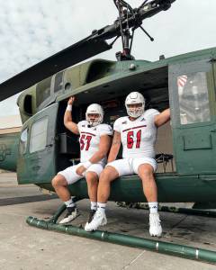 Eastern Washington Football Forks Luke Dahlgren, left, and offensive line teammate Wyatt Hansen are featured in the Eastern Washington football programs uniform reveal ahead of todays White Out home game against Cal Poly. The pair are pictured in a helicopter at Spokanes Fairchild Air Force Base.