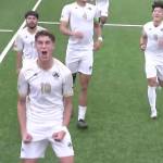 Nils Grau celebrates his second goal in the Pirates NWAC quarterfinals win over Clark. In on the play are Brian Guzman (17), who hit a free kick that Grau headed in, and Rei Sato (5). (NWAC video)