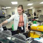 Clallam County election worker Savannah Wise of Port Angeles collects sorted general election ballots for counting at the Clallam County Courthouse in Port Angeles on Tuesday. Full stories on results will be in Thursdays edition. (Keith Thorpe/Peninsula Daily News)