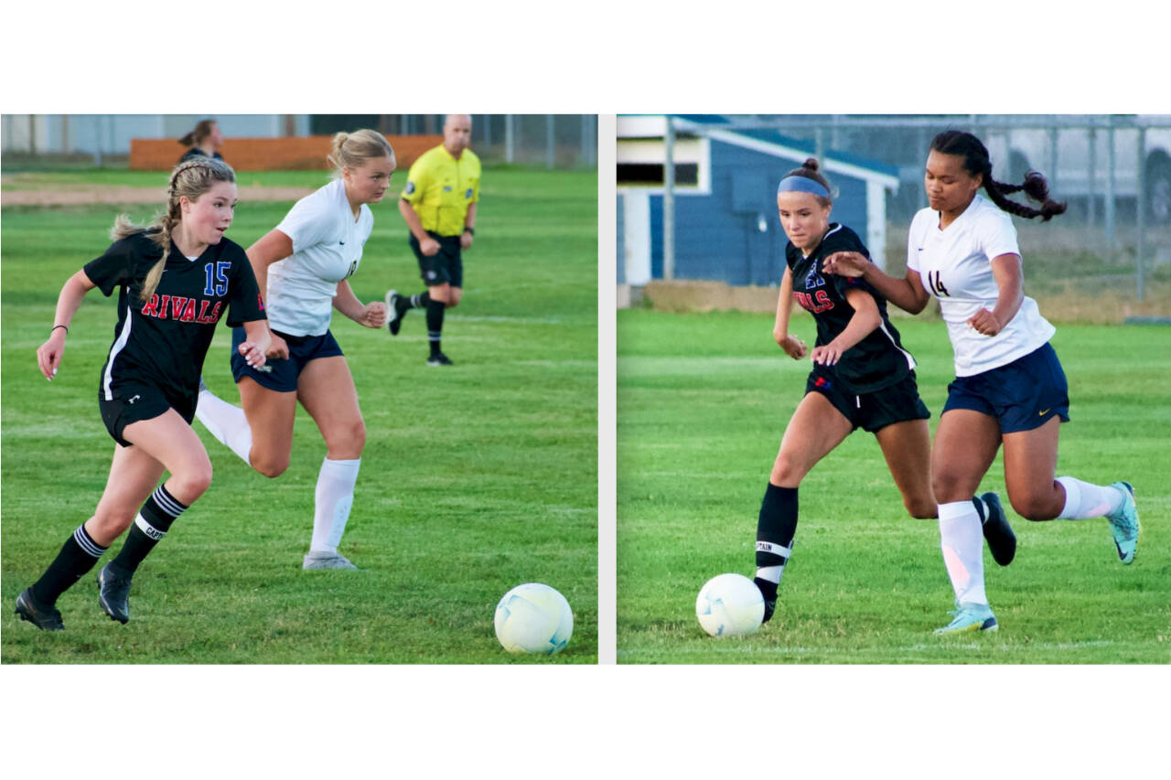East Jeffersons Ava Shiflett, left, was named to the Nisqually League girls soccer first team while Iris Mattern, right, was named the Nisqually League MVP. (Jim Emery photos)