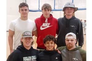 Port Angeles football team seniors include, clockwise from upper left, Jason Hawes, Parker Nickerson, Landyn Jones, Ezra Townsend, Kason Albaugh and Tanner Flores. (Pierre LaBossiere/Peninsula Daily News)