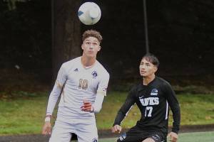Peninsula College's Nil Grau (10), looks to control the ball against Columbia Basin's Jonas Olvera (17) in the NWAC semifinals held Friday in Tukwila. Grau scored the only goal of the game in a 1-0 victory, sending the Peninsula men into the NWAC finals at 1:30 p.m. Sunday against Highline. (Jay Cline/Peninsula College)