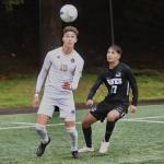 Peninsula Colleges Nil Grau (10), looks to control the ball against Columbia Basins Jonas Olvera (17) in the NWAC semifinals held Friday in Tukwila. Grau scored the only goal of the game in a 1-0 victory, sending the Peninsula men into the NWAC finals at 1:30 p.m. Sunday against Highline. (Jay Cline/Peninsula College)