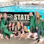 The Port Angeles girls swim team celebrates its fourth-place finish at the state 2A meet held in Federal Way this weekend. From left, Amayah Nelson, Brooke St. Luise, Danika Asgeirsson, Yau Fu, Harper McGuire, Lynzee Reid, Emerson DuBois, Lizzy Shaw, Chloe Kay-Sanders and Oliva Mesen. (Courtesy photo)