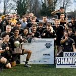 The Peninsula College men celebrate their 2023 NWAC championship in Tukwila on Sunday after defeating Highline 11-10 in penalty kicks. (Peninsula College)