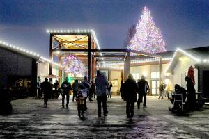 KEITH THORPE/PENINSULA DAILY NEWS
The Dungeness River Nature Center stands illuminated by Christmas lights as visitors roam the outdoor patio after a lighting ceremony for the center and nearby Railroad Bridge on Thursday night in Sequim. Hundreds of people took part in the event, which featured holiday songs by the Sequim High School Choir on the historic bridge over the Dungeness River.