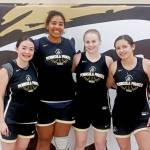 From left, Hannah Bates and Jelissa Julmist, both of Sequim, Kadie Wood of Forks and Allie Greene of Neah Bay are part of a core group of Olympic Peninsula players for the Peninsula College Pirates. (Pierre LaBossiere/Peninsula Daily News)