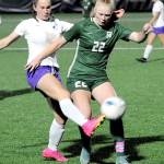 Sequims Olive Bridge, left, was named to the Olympic League second team for girls soccer, the only freshman to make either the first or second team. Port Angeles Paige Mason (22), who led the team with 12 goals, was named to the leagues first team. (Keith Thorpe/Peninsula Daily News)