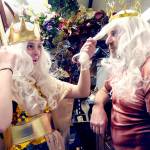 Emily McAlily, in the part of Chandon, left, toys with the wig of Steve Methner, playing the role of King Triton, prior to a Tuesday rehearsal of the PA Panto production of Ethel Mermaid and the Varying Degrees of Evil, which starts this weekend at Peninsula College. (Keith Thorpe/Peninsula Daily News)