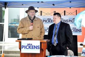State Rep. Mike Chapman, D-Port Angeles, left, speaks in support of Eric Pickens, D-Sequim. (Matthew Nash/Olympic Peninsula News Group)