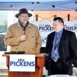State Rep. Mike Chapman, D-Port Angeles, left, speaks in support of Eric Pickens, D-Sequim. (Matthew Nash/Olympic Peninsula News Group)