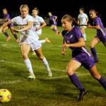 With teammate Sasha Yada, left, racing into Spartan territory, Sequims Taryn Johnson looks to advance the ball against Bainbridge in the first half of a Sept. 26 Olympic League match-up. Johnson has been selected as the Peninsula Daily News All-Peninsula Girls Soccer MVP for the second straight season.
Michael Dashiell/Olympic Peninsula News Group