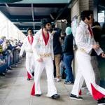 The Vegas Golden Knights arrive dressed like Elvis before the NHL Winter Classic hockey game against the Seattle Kraken, Monday, Jan. 1, 2024, in Seattle. (AP Photo/Lindsey Wasson)