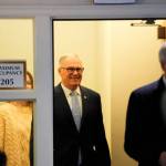 Gov. Jay Inslee arrives during a legislative session preview in the Cherberg Building at the Capitol on Thursday in Olympia. (Lindsey Wasson/The Associated Press)