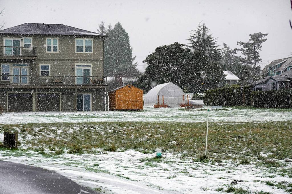 A fast moving snow storm inundates a Port Townsend neighborhood on Wednesday morning. (Steve Mullensky/ for Peninsula Daily News)