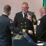 Deputy chief Justin Grider with Clallam County Fire District 2, center, has accepted an offer to become Fire District 3s next fire chief. Here he stands with, from left, Port Angeles Fire Department Chief Derrell Sharp, Joel McKeen, Port Angeles Fire Department assistant chief, Joyce Fire and Rescue chief Greg Waters and Fire District 3 interim fire chief Dan Orr. (Jay Cline)
