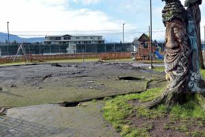 A tree trunk sculpture looks over the scorched site of what was once the main play structure of the Dream Playground at Erickson Playfield in Port Angeles. (Keith Thorpe/Peninsula Daily News)